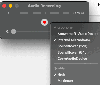 screenshot of  Quicktime audio recording