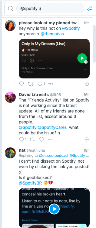a screenshot of Spotify complaints on Twitter