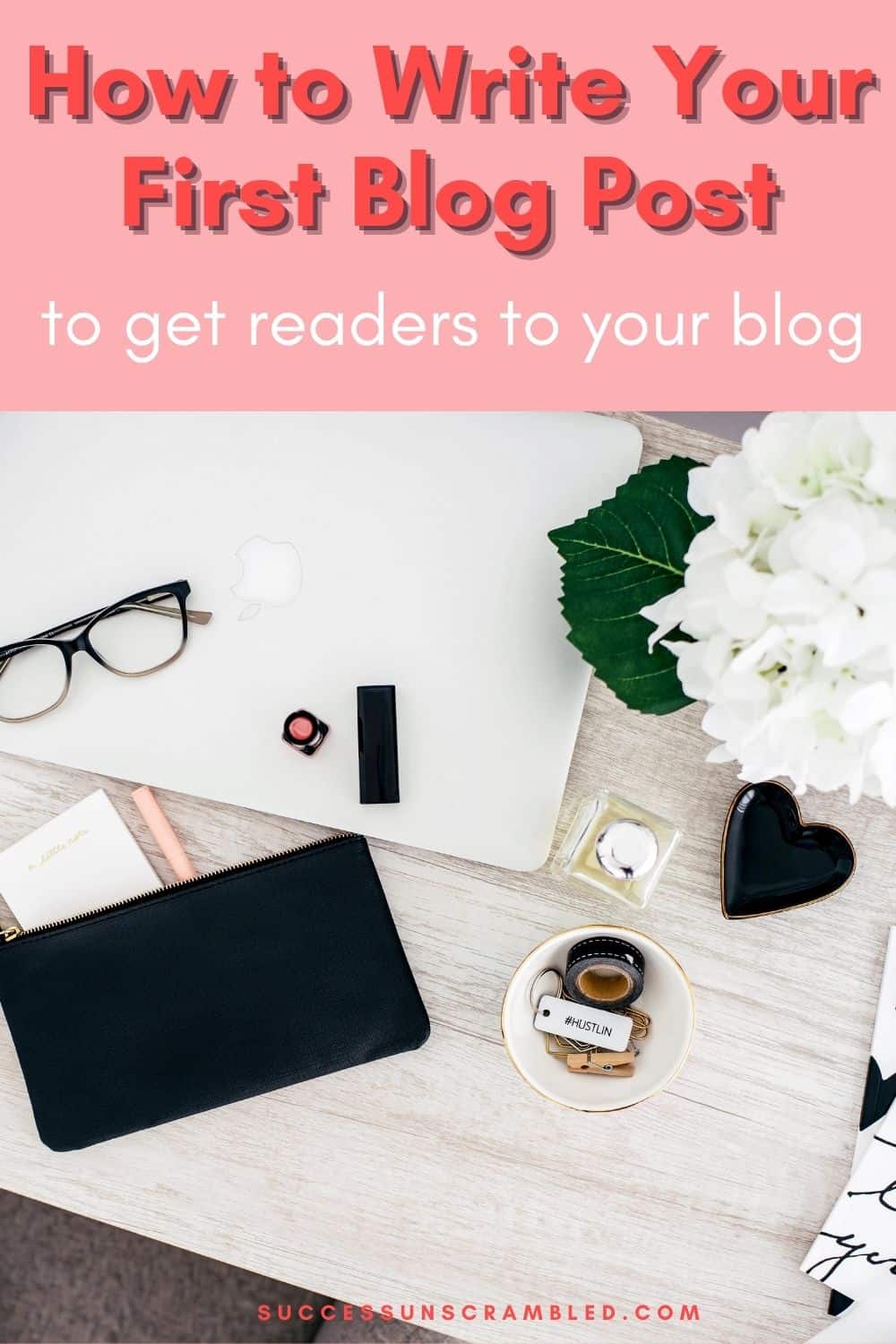 photo of closed laptop on desk with glasses, lipstick and ladies purse