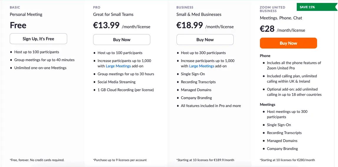 screenshot of Zoom pricing plan