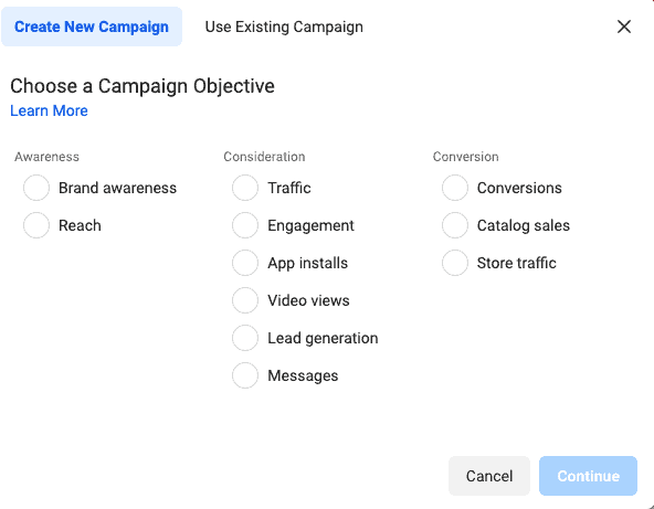 create new campaign form on Facebook