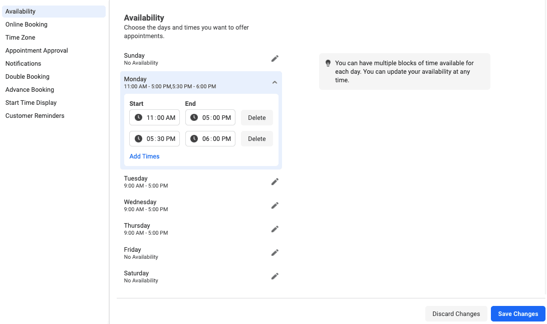 Availability options on an app