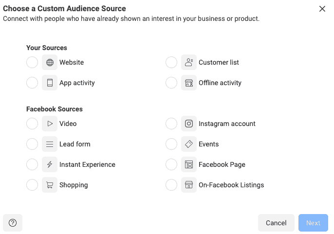 Audience source selection on Facebook