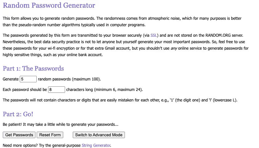 Choose password parameters - random-org