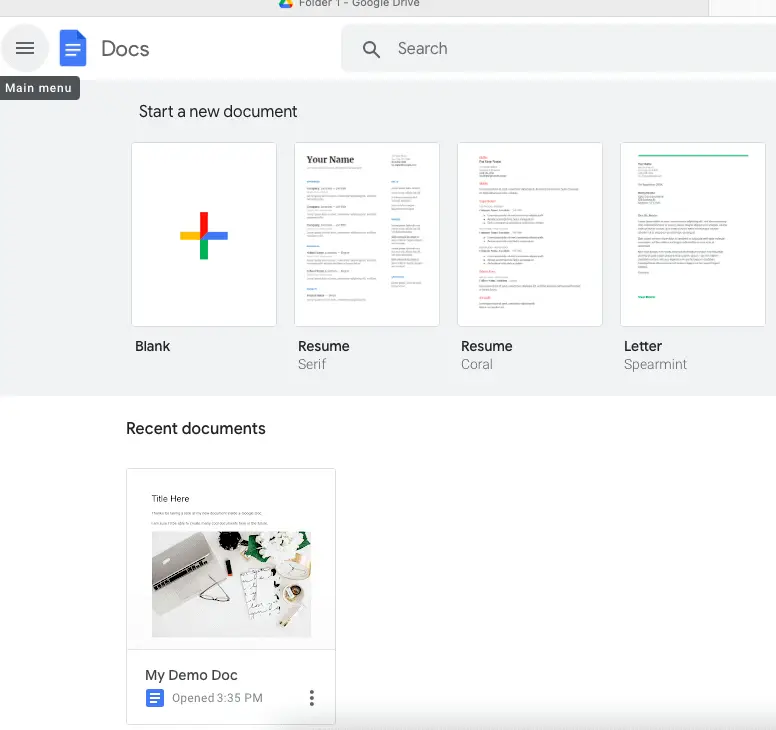 Google Docs home view