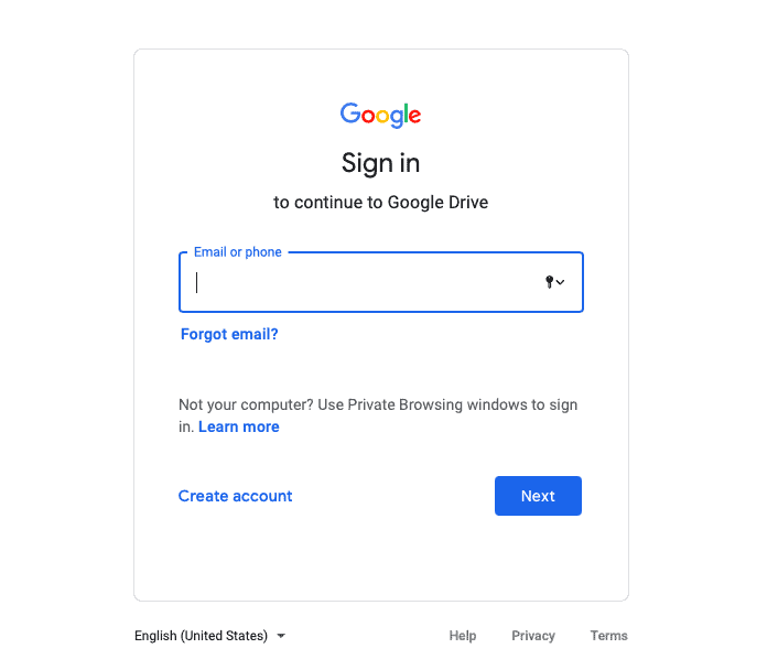 Google drive login page