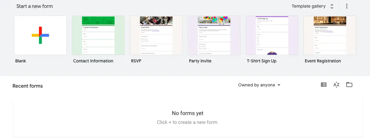 Google forms home view