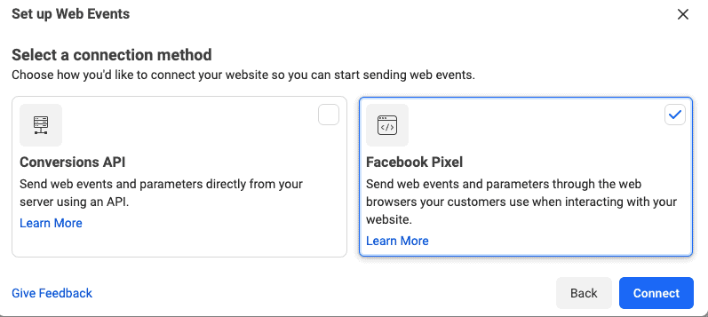 Facebook pixel box and conversion API box on Facebook