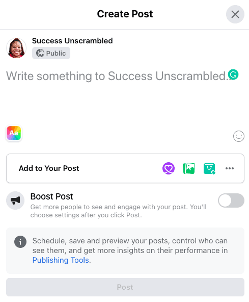 FB Biz page - create post window