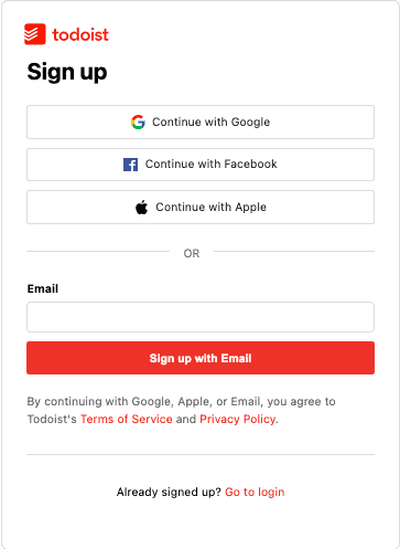 Signing up for Todoist