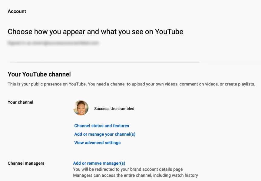 YouTube channel account settings