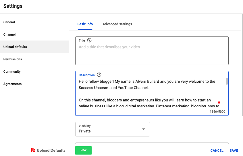 YouTube channel upload defaults settings