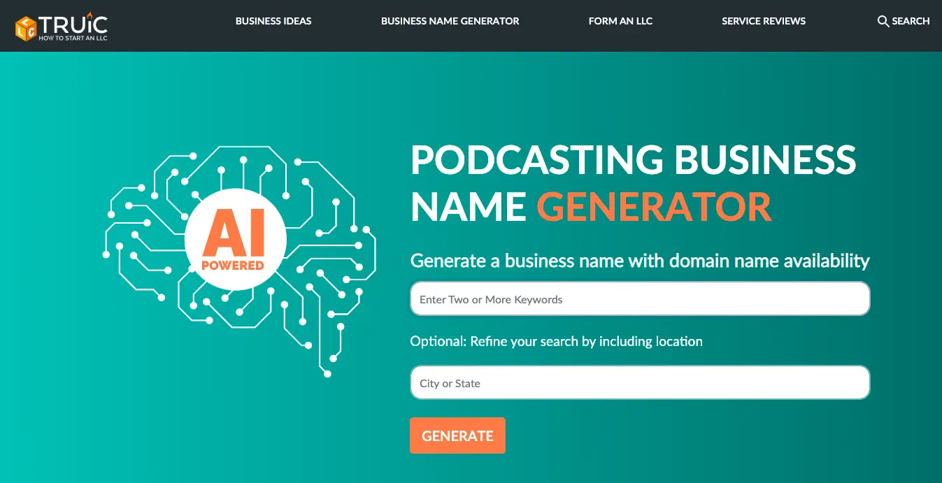 Truic Podcasting business name generator page