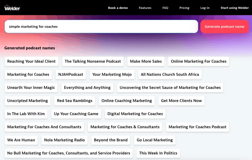 Welder AI-Powered Podcast Name Generator on simple marketing for coaches