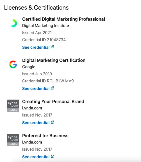 Licenses and Certifications section on Linked profile