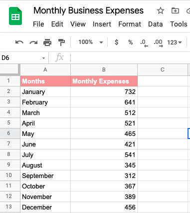 Monthly Business Expenses on a Google spreadsheet