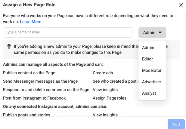 facebook business page assign a new page role form