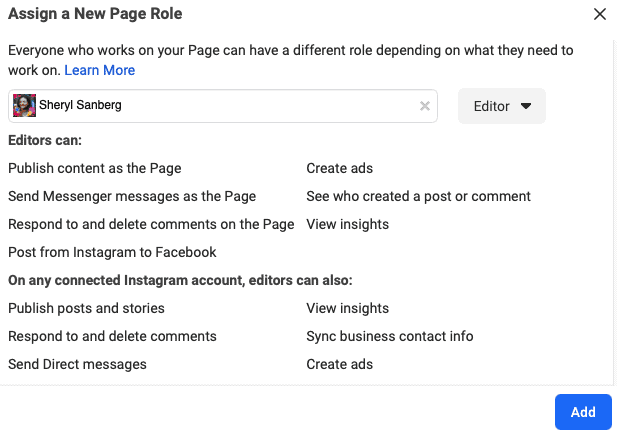 assigning editor role for Sheryl Sanberg on facebook business page