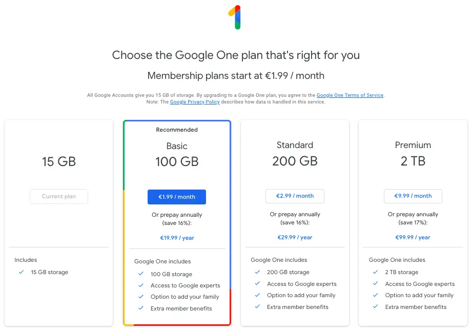 Google One Plan Pricing