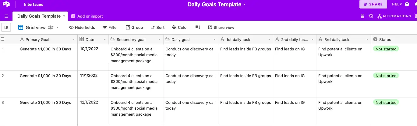 Airtable Daily Goals Template
