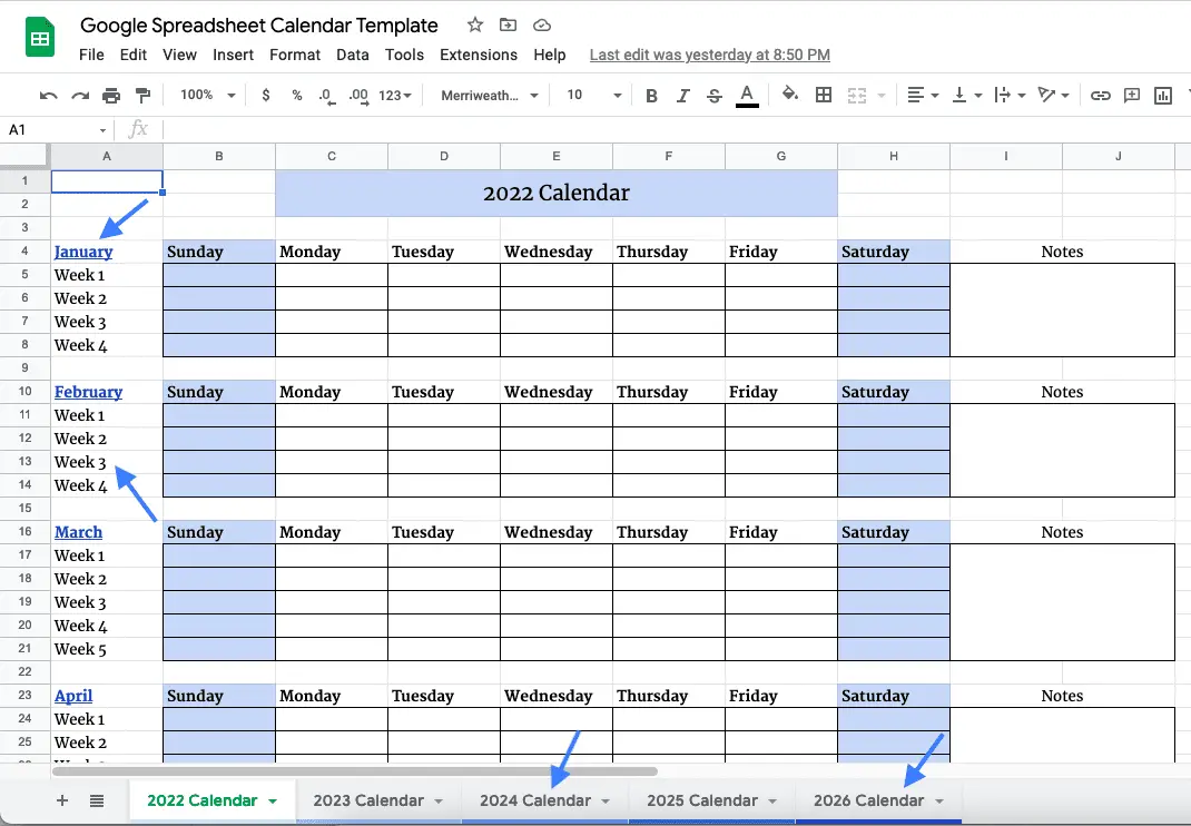 Google spreadsheet calendar template