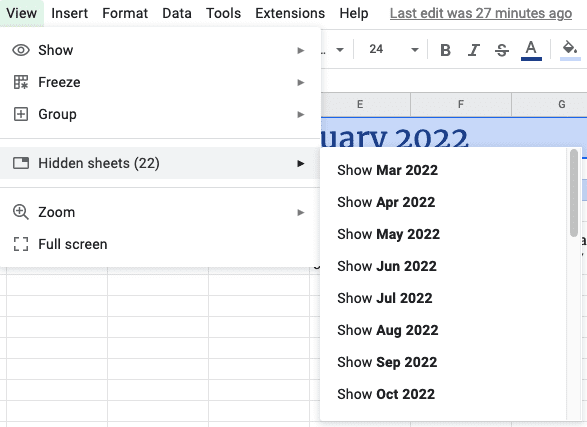 List of Months on a Google spreadsheet calendar