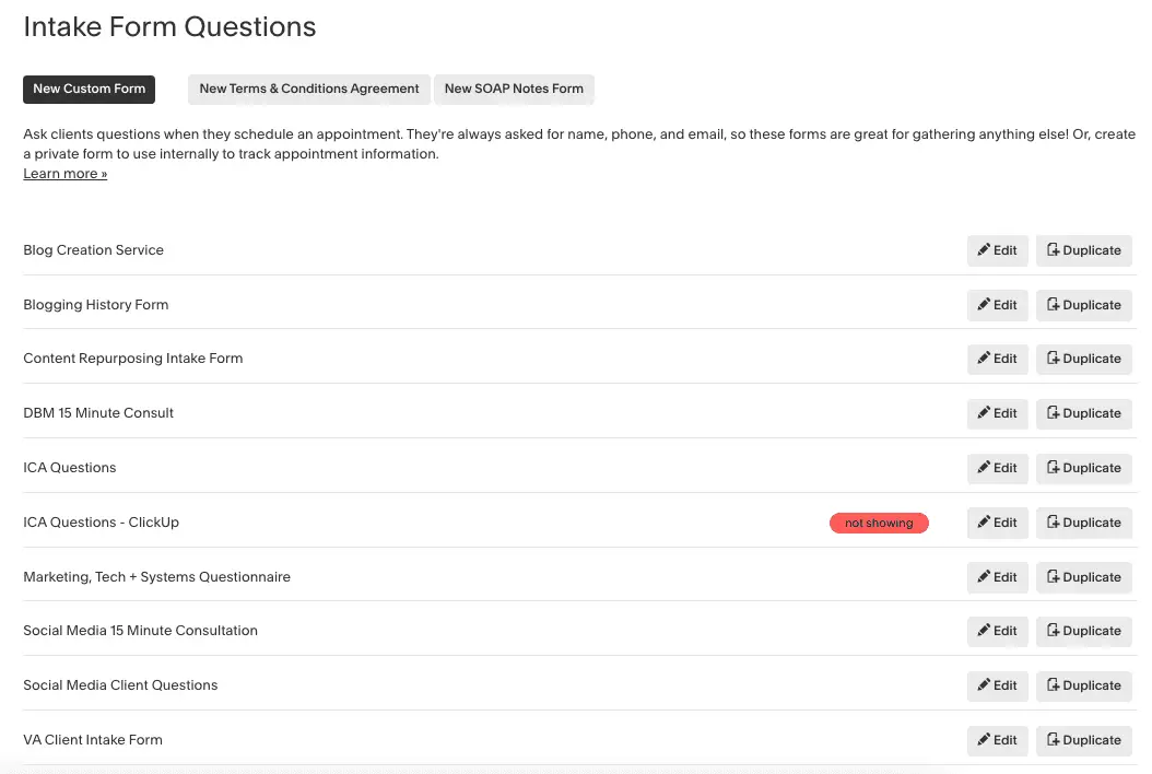 Acuity Intake Forms Questions