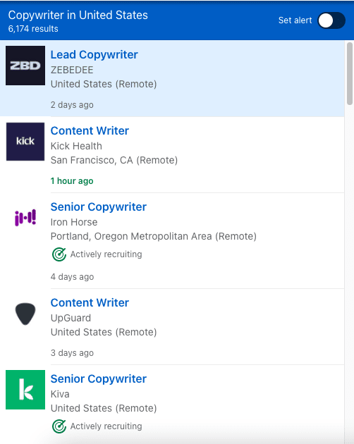 list of copywriting jobs on LinkedIn
