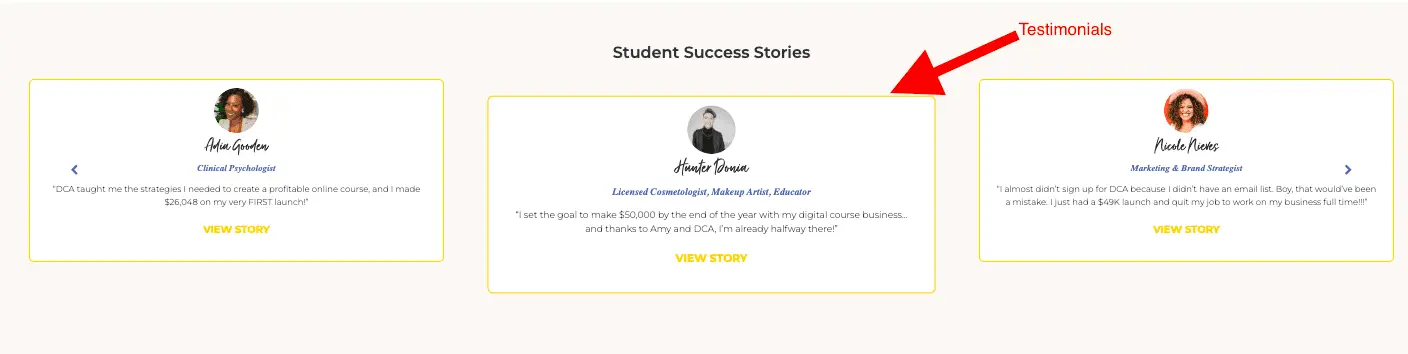 a screenshot showing testimonials which is important to increase conversions on a landing page