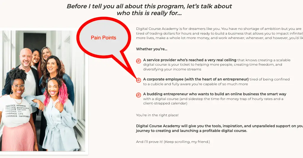 an image showing one key element of a good landing page which is pain points
