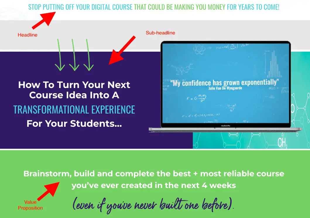 an image showing 3 key elements of a sales page - headline, sub headline and value proposition