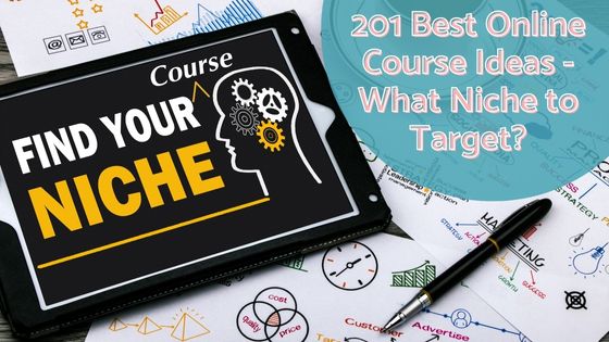 image of a sign that reads find your course niche with a brainstorming backdrop of online course ideas