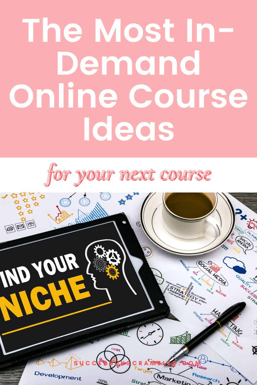 Image of a sign with find your course niche on it.  There's a sheet at the back with tons of brainstorming online course ideas