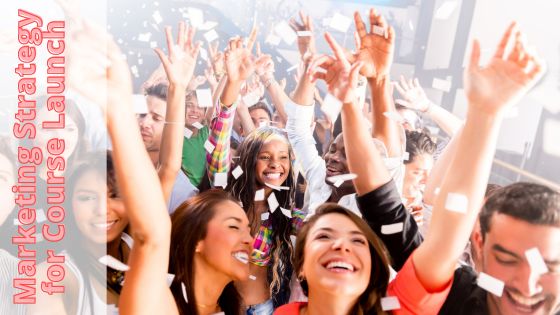 a group of people celebrating an online course launch with confetti falling from over their heads