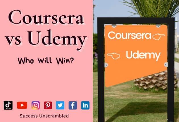 photo of a sign showing two paths left and right Coursera or Udemy