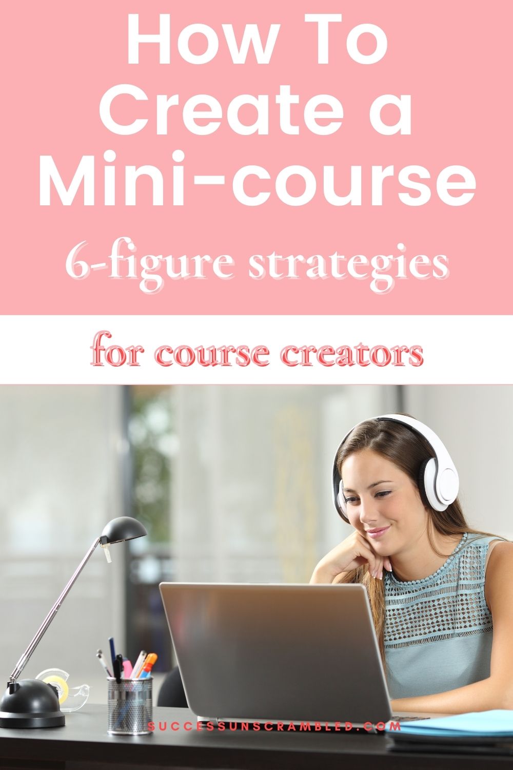a photo of a woman smiling with headphones on looking at her laptop screen - marketing a mini course