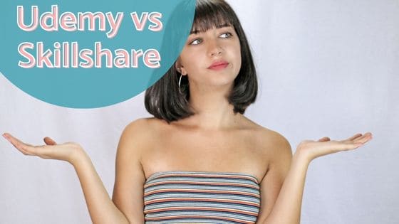 photo of a woman trying to choose between two options Udemy or Skillshare