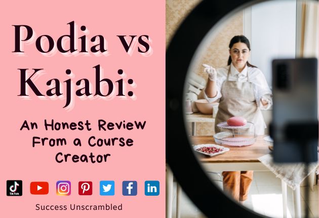 photo of a women shooting a video for her online course on Kajabi or Podia