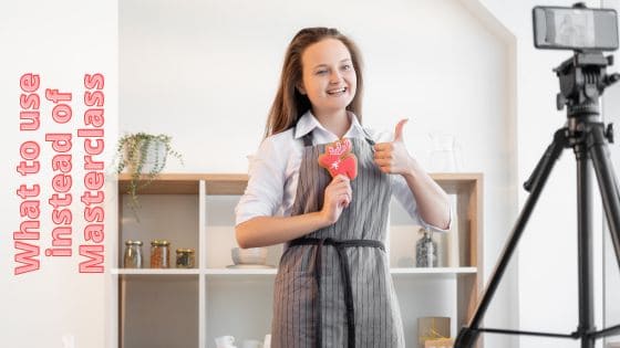 Photo of a lady teaching a class on how to making cookies in front of a video camera like a masterclass alternative