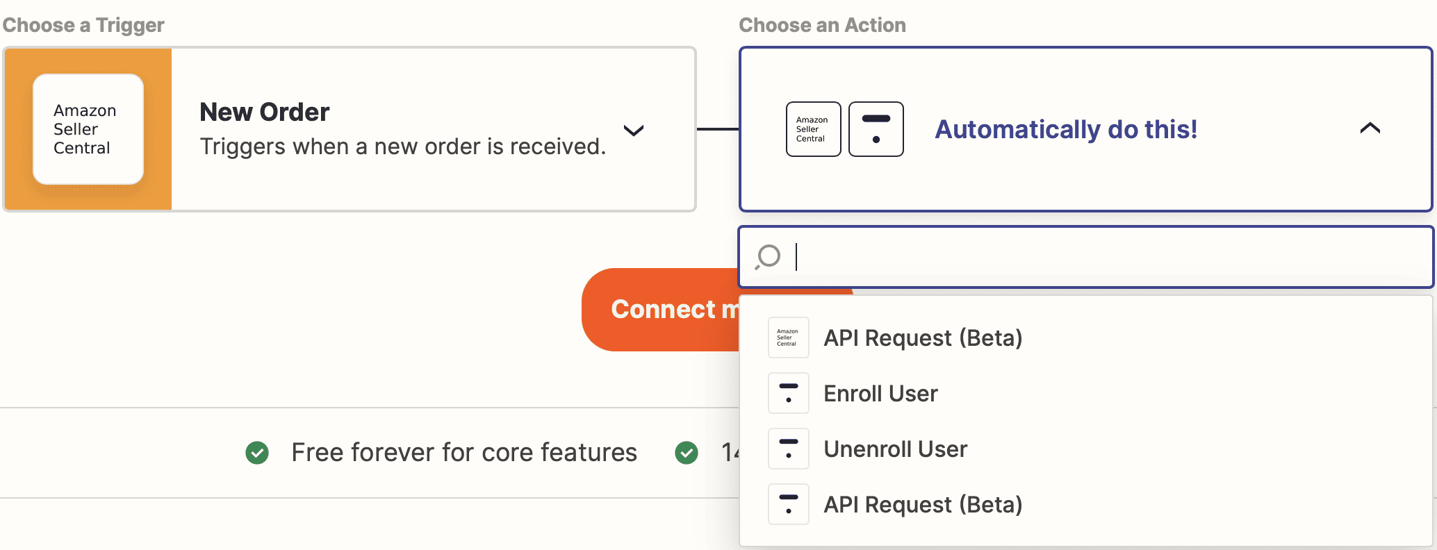 Screenshot of the Zapier integration between Seller Central and Thinkfic