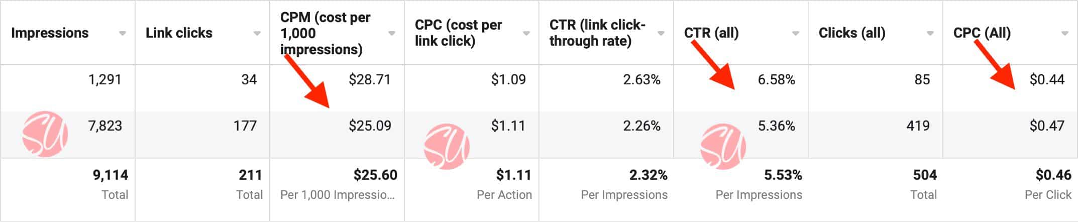 Image showing stats from a real FB Ad campaign to include CPC, CTR and CPM