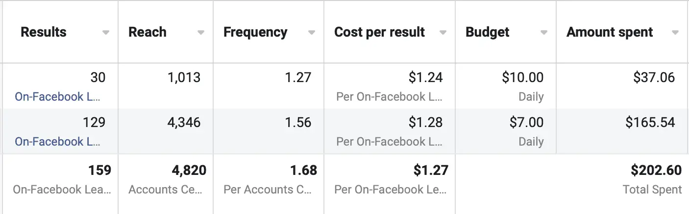 Screenshot showing the results of a real Facebook lead ads campaign