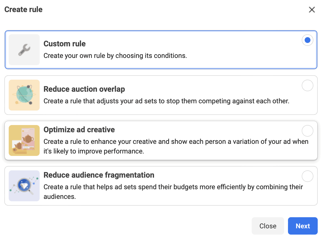 Screenshot showing the option in Facebook to create custom rule at the Adset level