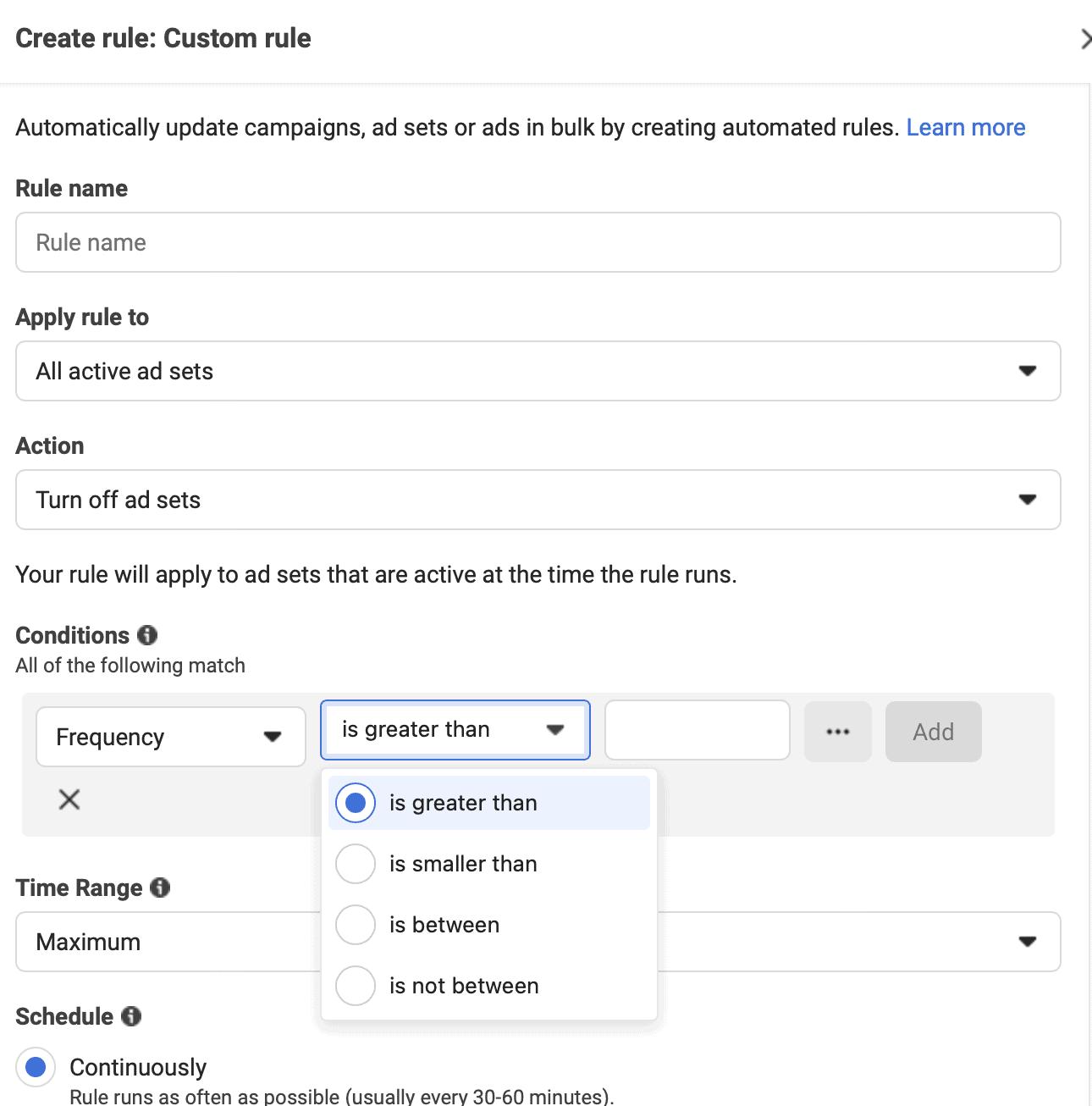 Screenshot showing the detailed options of rules for Facebook ad frequency