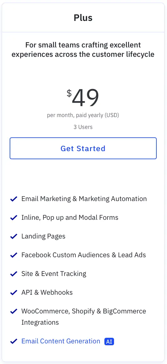 a screenshot of ActiveCampaign Plus plan showing their ability to integrate with Facebook Lead Ads