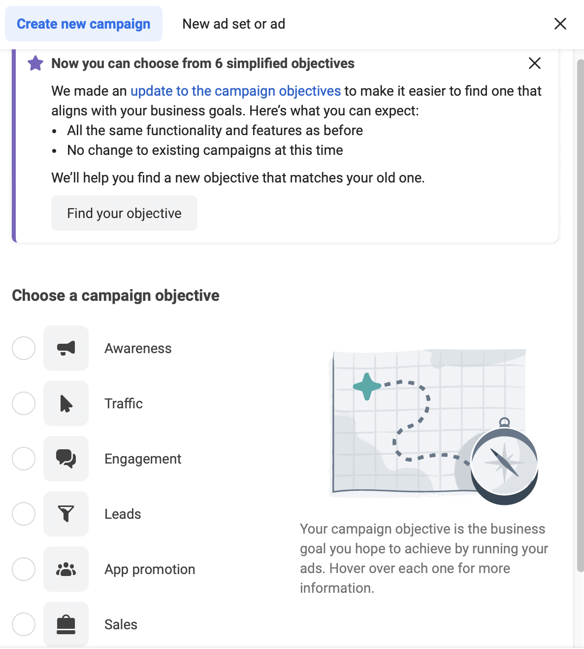 screenshot of the Facebook Ads list of objectives for different ad types