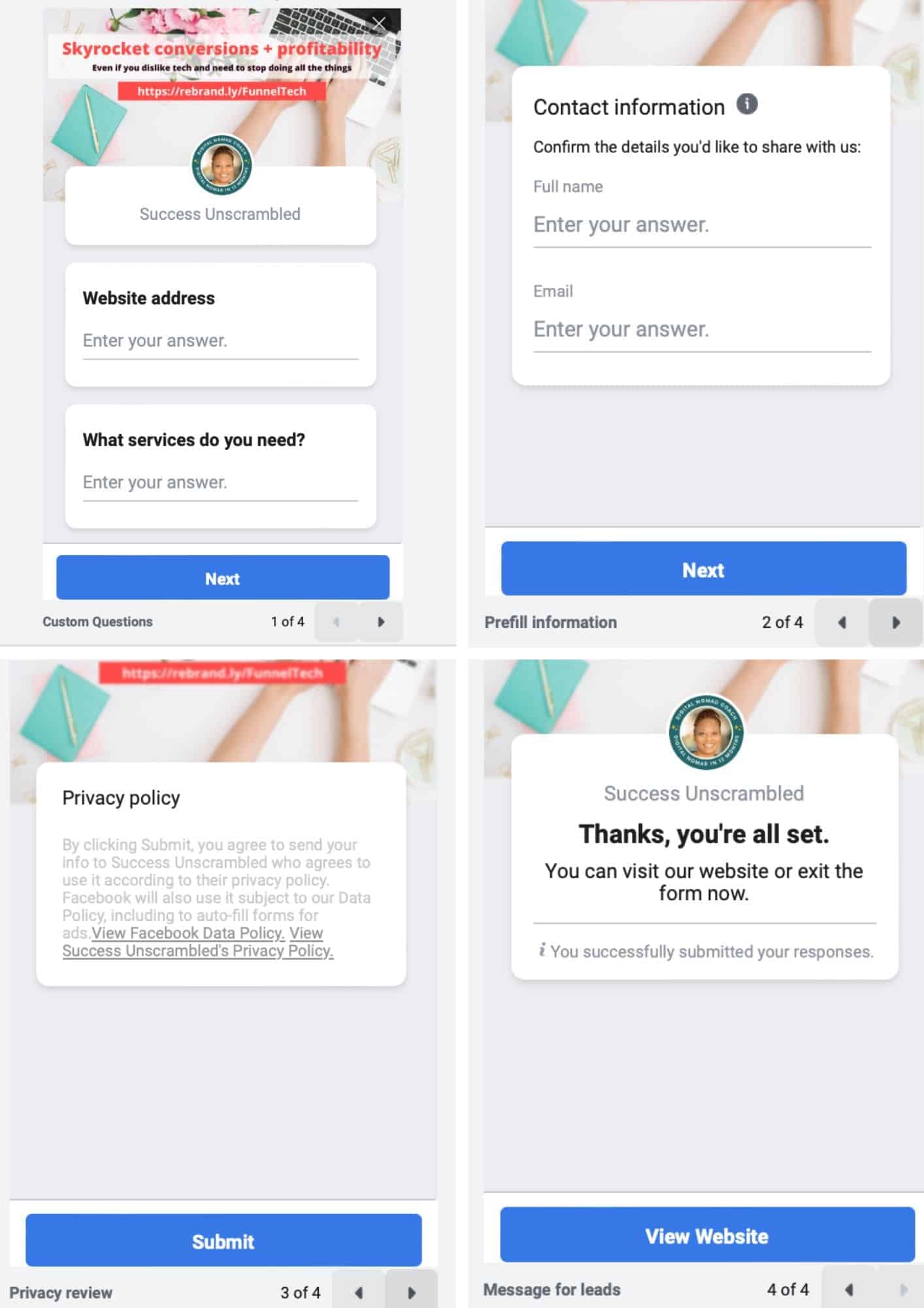 Screenshot of the 4 different steps of a Facebook instant form