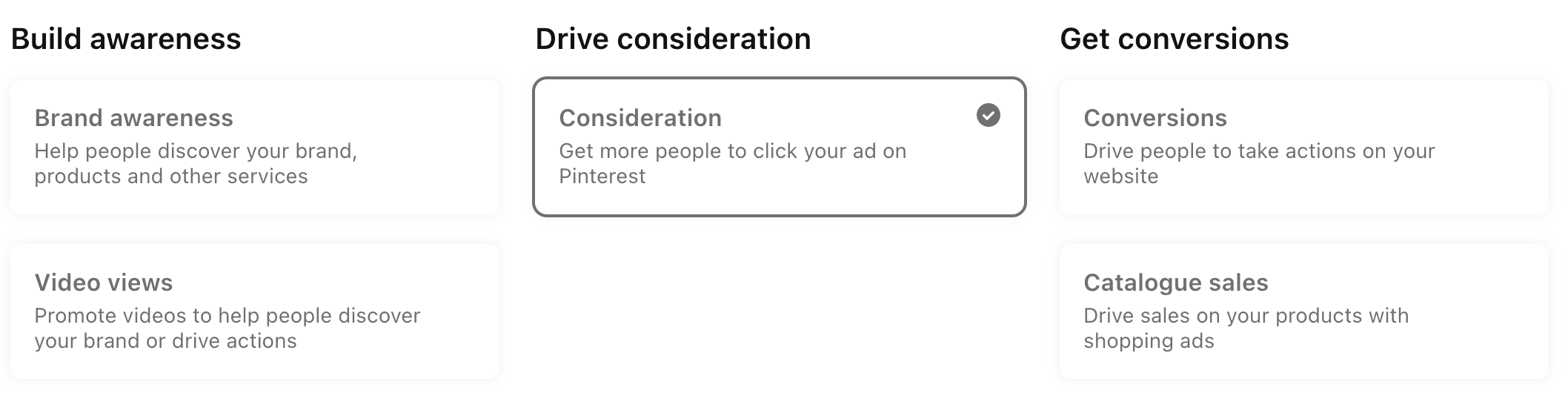 screenshot showing the types of campaign objectives available on Pinterest