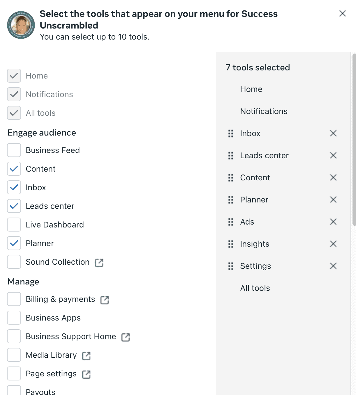A screenshot showing Facebook Business Suite Menu Selection