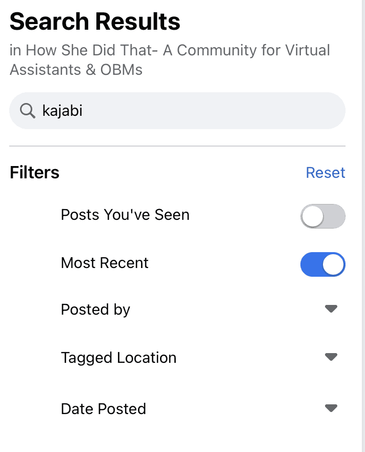 Screenshot showing the search filters inside a Facebook group